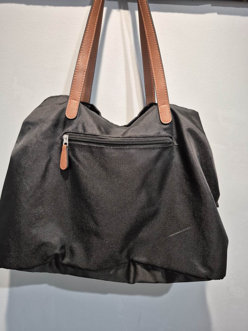 Roots Nylon Water Resistant Black Tote Bag Brown Leather Straps 3 Compartments - Picture 11 of 17
